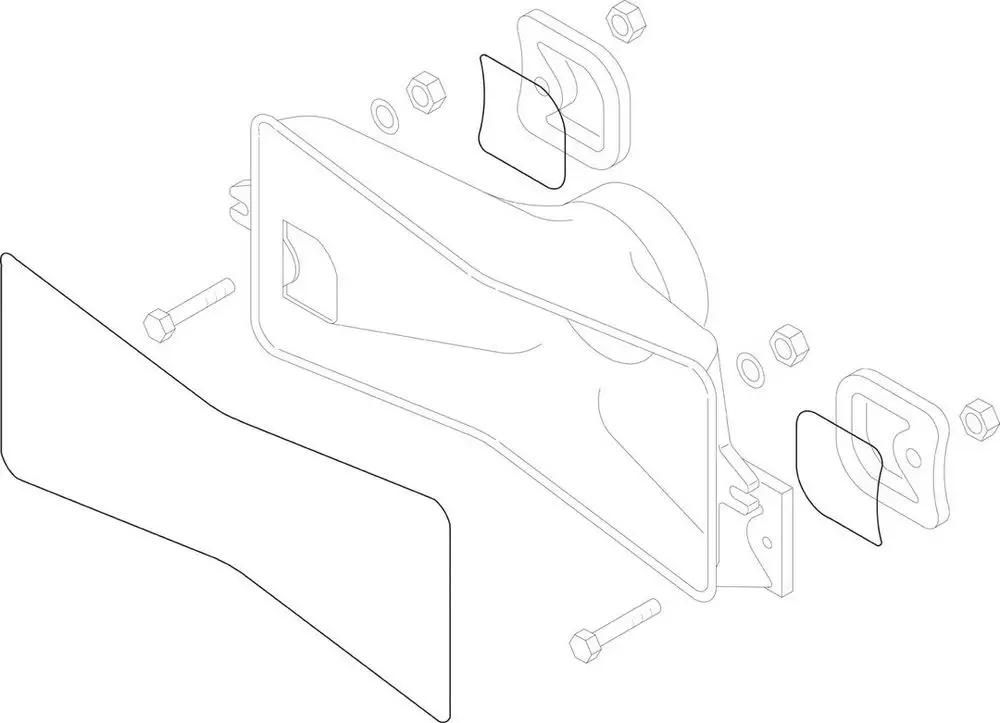 Schematische Darstellung eines Abgassammlers von Bosch mit mehreren Komponenten wie Flanschen und Schrauben, in einem technischen Zeichnungsstil.